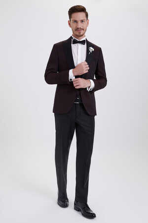 Bordo Slim Fit Sivri Yaka Yelekli Damatlık - 5