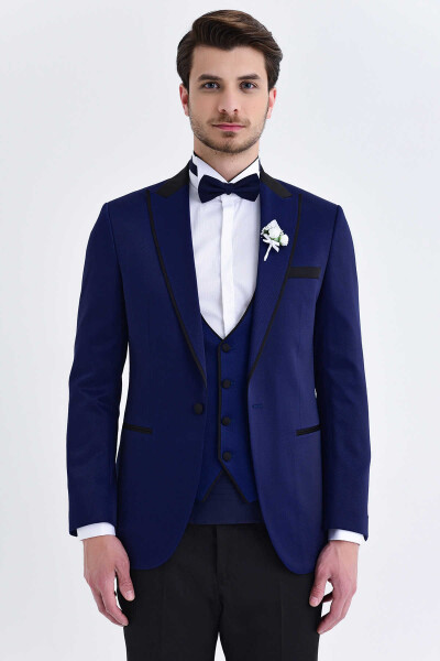 Lacivert Slim Fit Sivri Yaka Yelekli Damatlık - 3