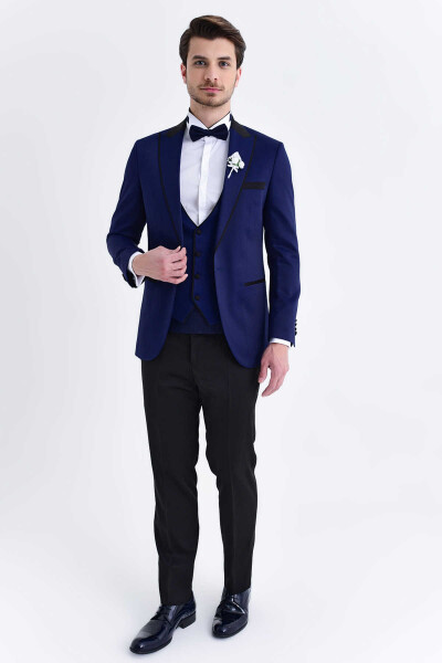 Lacivert Slim Fit Sivri Yaka Yelekli Damatlık - 1