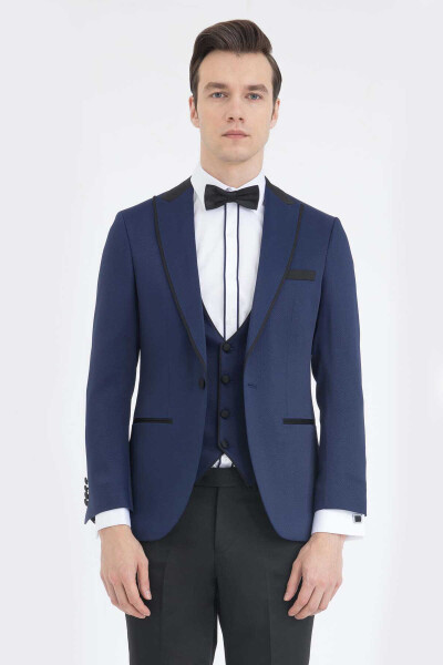 Lacivert Slim Fit Sivri Yaka Yelekli Damatlık - 2