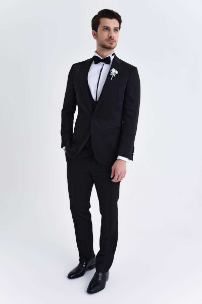 Siyah Slim Fit Sivri Yaka Yelekli Damatlık - 1