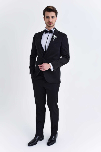 Siyah Slim Fit Sivri Yaka Yelekli Damatlık - 2