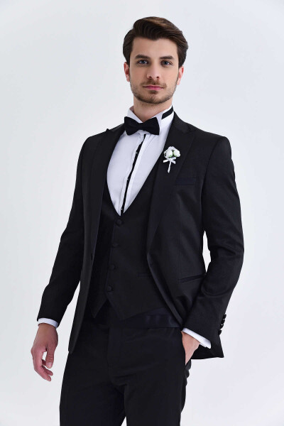 Siyah Slim Fit Sivri Yaka Yelekli Damatlık - 3