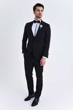 Siyah Slim Fit Sivri Yaka Yelekli Damatlık - 5