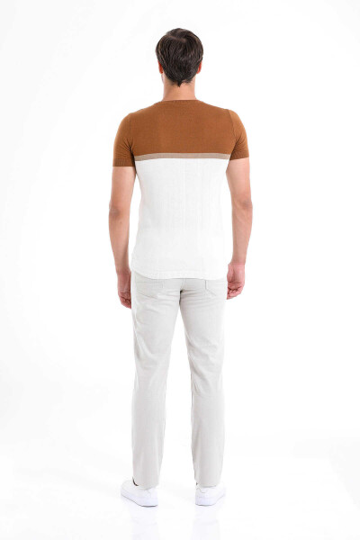 Kahverengi Regular Fit Desenli Bisiklet Yaka Tişört - 5