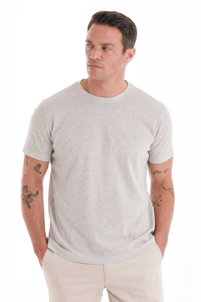 Taş Regular Fit Jakarlı Bisiklet Yaka Keten Tişört - 4