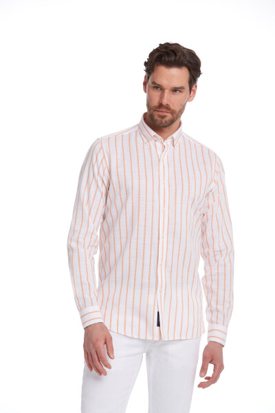Turuncu Comfort Fit Çizgili 100% Pamuk Düğmeli Yaka Uzun Kollu Casual Gömlek - 2
