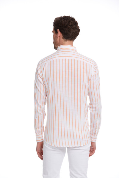 Turuncu Comfort Fit Çizgili 100% Pamuk Düğmeli Yaka Uzun Kollu Casual Gömlek - 5
