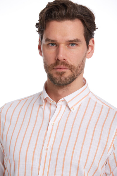 Turuncu Comfort Fit Çizgili 100% Pamuk Düğmeli Yaka Uzun Kollu Casual Gömlek - 4