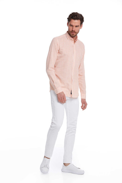 Turuncu Comfort Fit Çizgili 100% Pamuk Düğmeli Yaka Uzun Kollu Casual Gömlek - 3