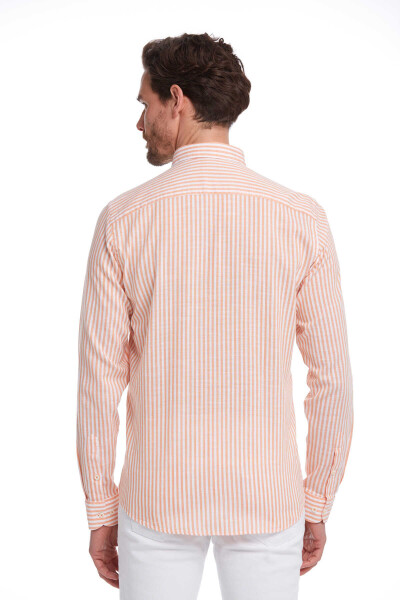Turuncu Comfort Fit Çizgili 100% Pamuk Düğmeli Yaka Uzun Kollu Casual Gömlek - 4
