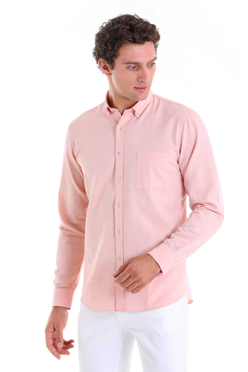 Turuncu Comfort Fit 100% Pamuk Düğmeli Yaka Uzun Kollu Casual Oxford Gömlek - Hatem Saykı (1)