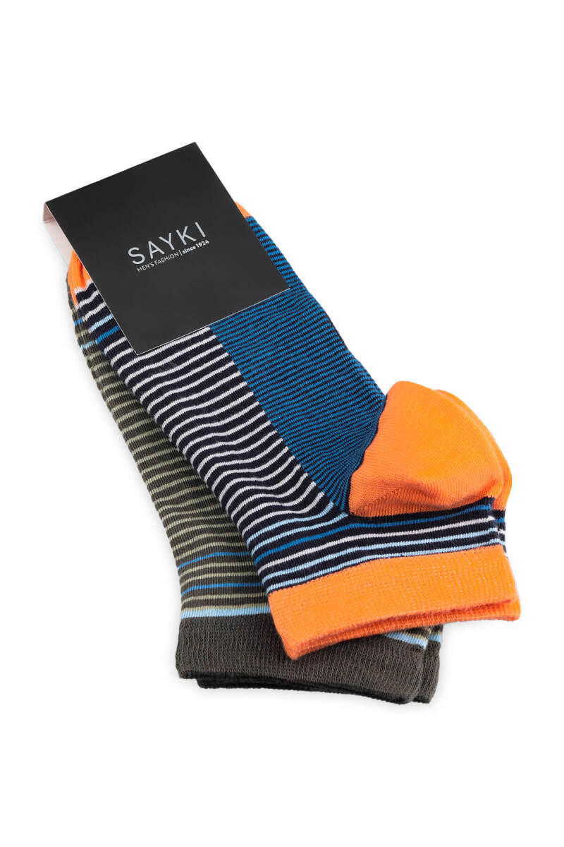 Turuncu - Haki 2'li Çizgili Kısa Çorap - Saykı