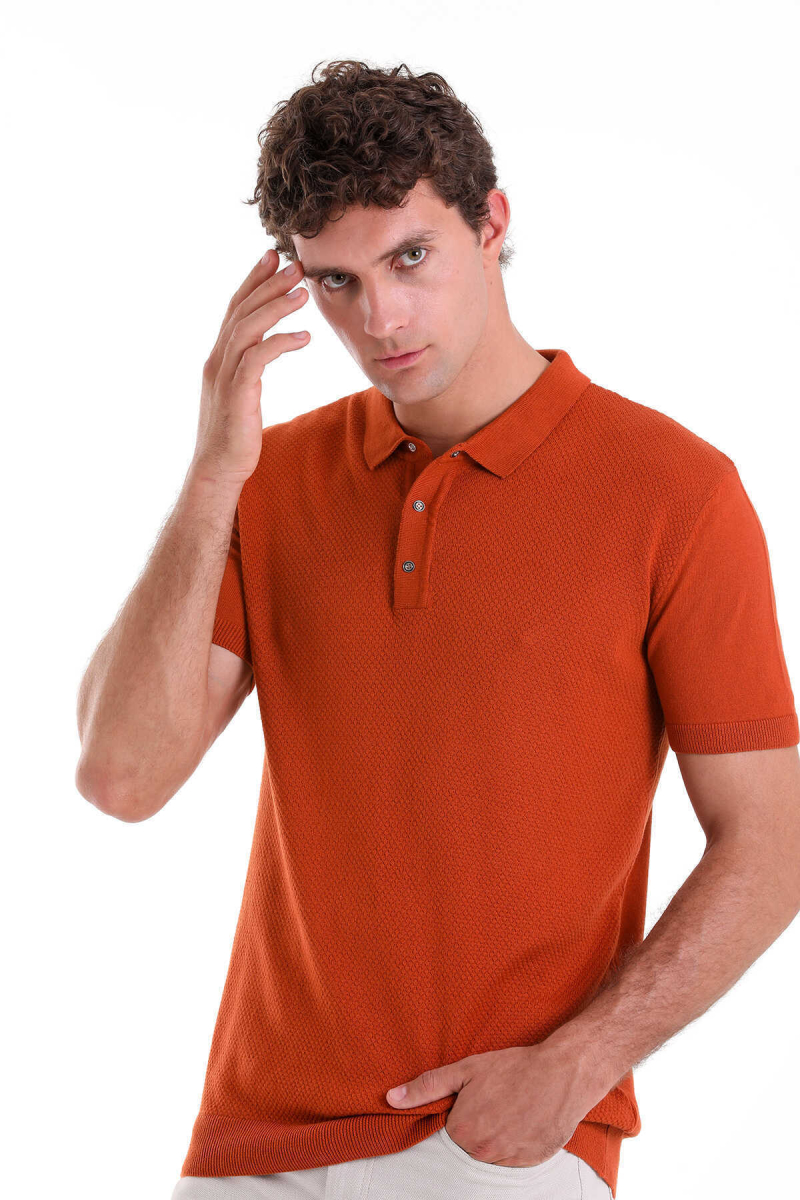 Turuncu Regular Fit jakarlı Pamuklu Polo Yaka Tişört - Hatem Saykı