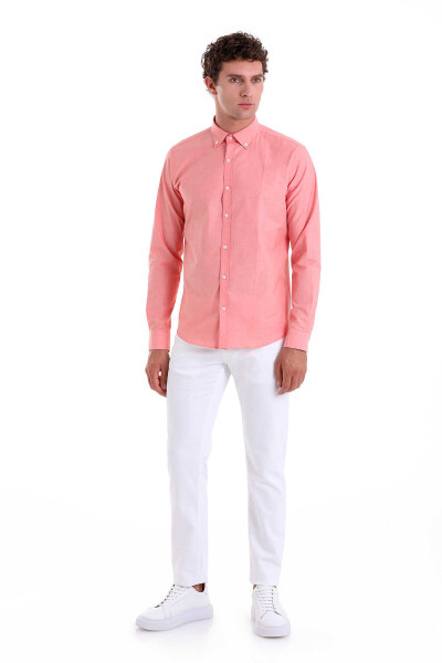 Turuncu Slim Fit 100% Pamuk Düğmeli Yaka Uzun Kollu Klasik Gömlek - 4