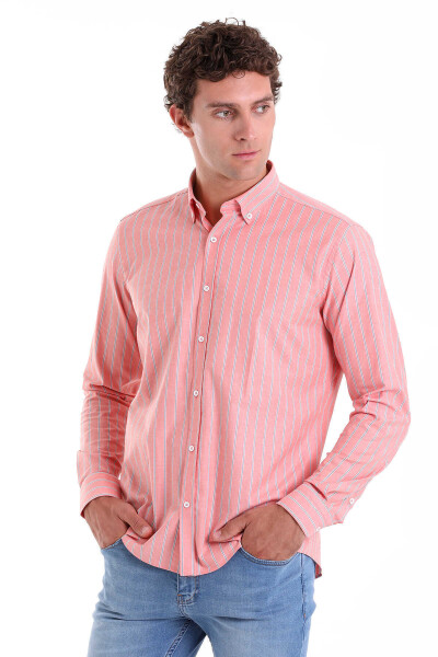 Turuncu Slim Fit Çizgili Pamuklu Düğmeli Yaka Uzun Kollu Casual Gömlek - 2