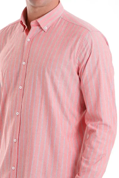 Turuncu Slim Fit Çizgili Pamuklu Düğmeli Yaka Uzun Kollu Casual Gömlek - 5