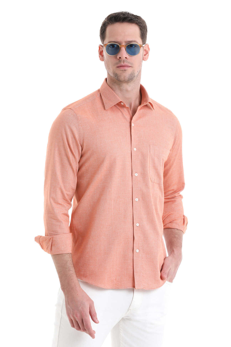 Turuncu Slim Fit 100% Pamuklu Düğmeli Yaka Uzun Kollu Casual Gömlek - Hatem Saykı