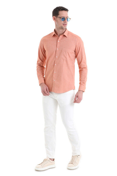 Turuncu Slim Fit 100% Pamuklu Düğmeli Yaka Uzun Kollu Casual Gömlek - 2