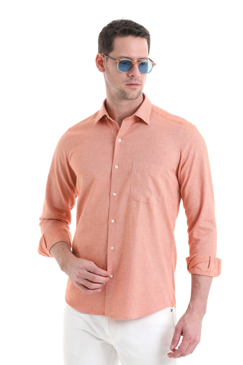 Turuncu Slim Fit 100% Pamuklu Düğmeli Yaka Uzun Kollu Casual Gömlek - Hatem Saykı (1)