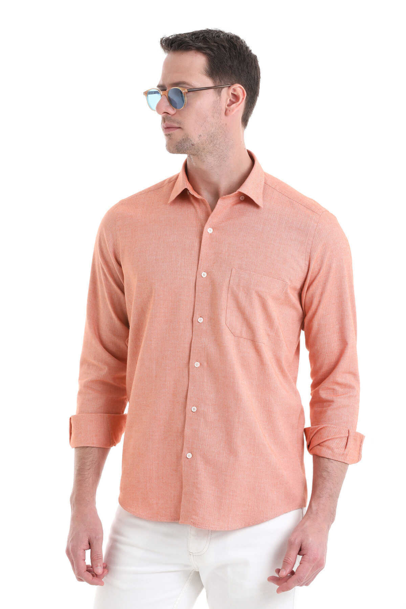 Turuncu Slim Fit 100% Pamuklu Düğmeli Yaka Uzun Kollu Casual Gömlek - Hatem Saykı (1)