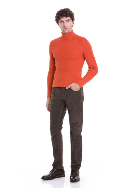 Turuncu Slim Fit Fitilli Balıkçı Yaka Yünlü Triko Kazak - 2