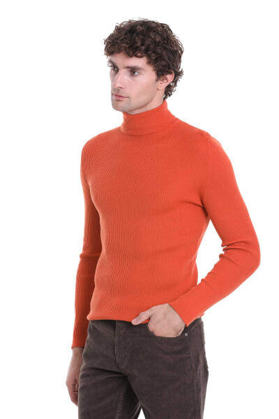 Turuncu Slim Fit Fitilli Balıkçı Yaka Yünlü Triko Kazak - 3