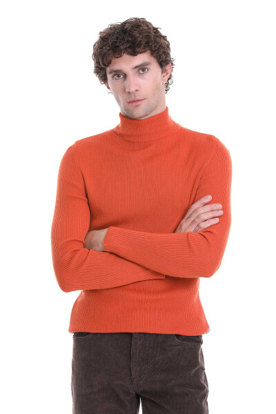 Turuncu Slim Fit Fitilli Balıkçı Yaka Yünlü Triko Kazak - 4