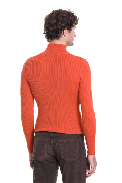 Turuncu Slim Fit Fitilli Balıkçı Yaka Yünlü Triko Kazak - 6