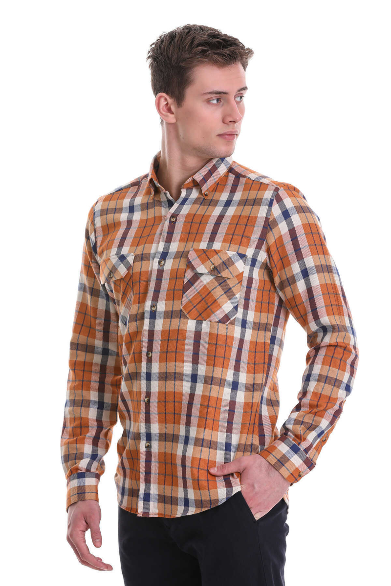 Turuncu Slim Fit Kareli 100% Pamuklu Düğmeli Yaka Uzun Kollu Casual Gömlek - Hatem Saykı (1)