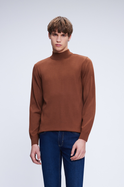 Tütün Regular Fit Düz Yarım Balıkçı Yaka Yünlü Triko Kazak 