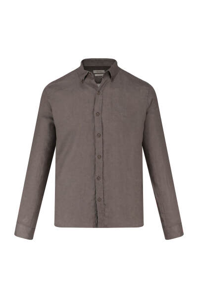 Vizon Comfort Fit 100% Keten Düğmeli Yaka Uzun Kollu Keten Gömlek 