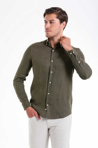 Yeşil Comfort Fit 100% Keten Düğmeli Yaka Uzun Kollu Casual Keten Gömlek - 3