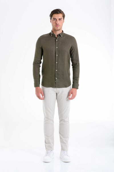 Yeşil Comfort Fit 100% Keten Düğmeli Yaka Uzun Kollu Casual Keten Gömlek - 4