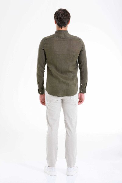 Yeşil Comfort Fit 100% Keten Düğmeli Yaka Uzun Kollu Casual Keten Gömlek - 5