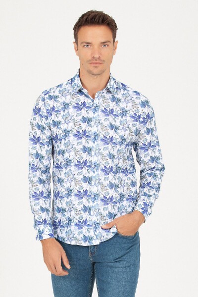 Yeşil Slim Fit Baskılı 100% Pamuk Uzun Kol Spor Gömlek - Hatemoğlu