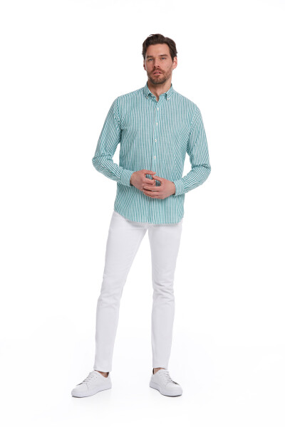 Yeşil Comfort Fit Çizgili 100% Pamuk Düğmeli Yaka Uzun Kollu Casual Gömlek - 3