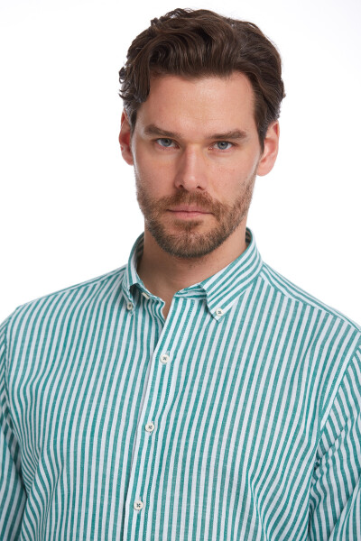 Yeşil Comfort Fit Çizgili 100% Pamuk Düğmeli Yaka Uzun Kollu Casual Gömlek - 5