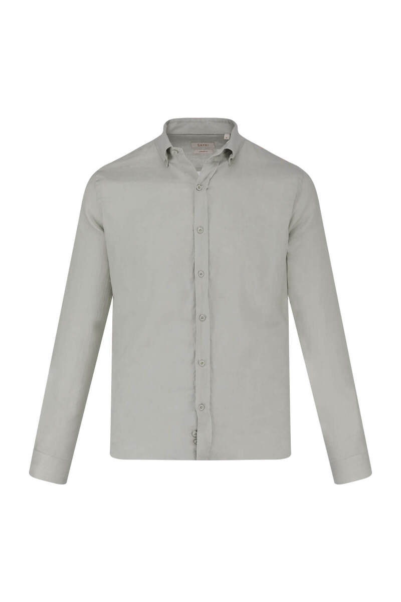 Yeşil Comfort Fit 100% Keten Düğmeli Yaka Uzun Kollu Keten Gömlek - Saykı