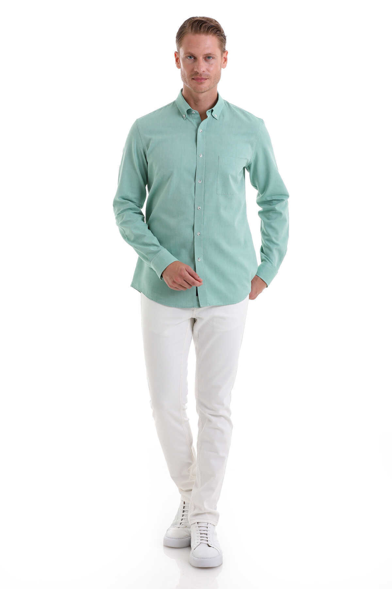 Yeşil Comfort Fit 100% Pamuk Düğmeli Yaka Uzun Kollu Casual Oxford Gömlek - Hatem Saykı (1)