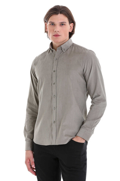 Yeşil Comfort Fit 100% Pamuklu Düğmeli Yaka Uzun Kollu Casual Kadife Gömlek 