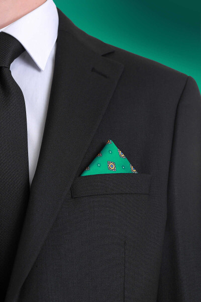 Yeşil Desenli Klasik Saten Cep Mendili - 2