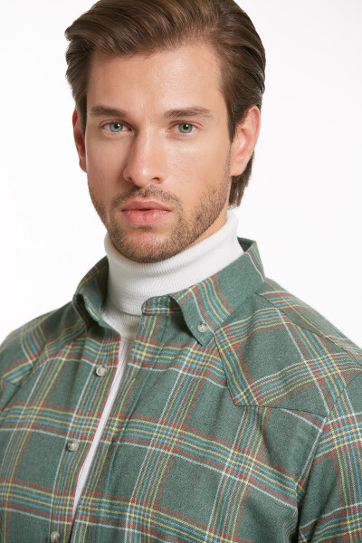 Yeşil Slim Fit Kareli Düğmeli Yaka Uzun Kollu Casual Flanel Gömlek - 3
