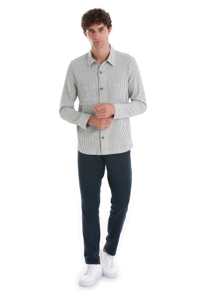 Yeşil Klasik Fit Çizgili Uzun Kollu Overshirt Gömlek - 2