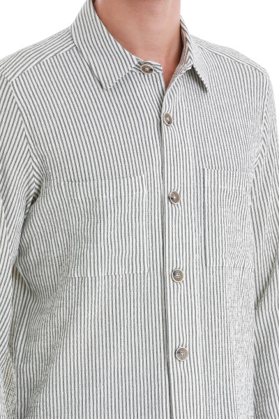 Yeşil Klasik Fit Çizgili Uzun Kollu Overshirt Gömlek - 5