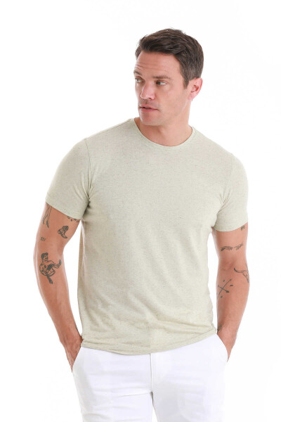 Yeşil Regular Fit Bisiklet Yaka Keten Tişört - 3