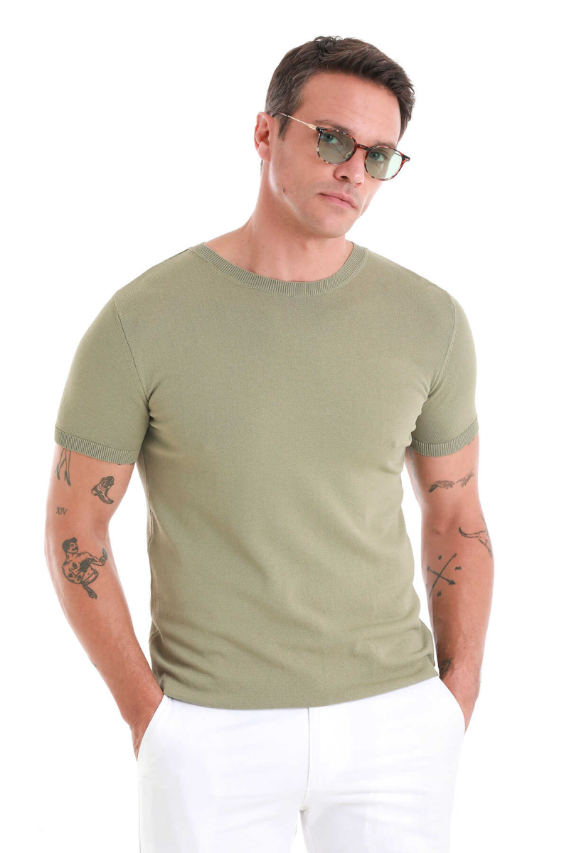 Yeşil Regular Fit Bisiklet Yaka Rayon Tişört - Hatem Saykı