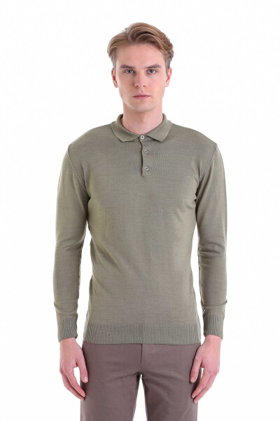 Yeşil Comfort Fit Polo Yaka Yünlü Kazak - 3