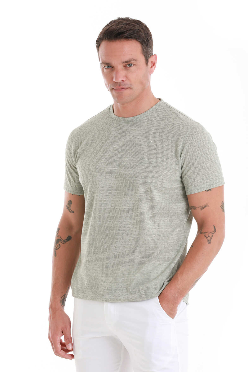 Yeşil Regular Fit Jakarlı Bisiklet Yaka Keten Tişört - Hatem Saykı