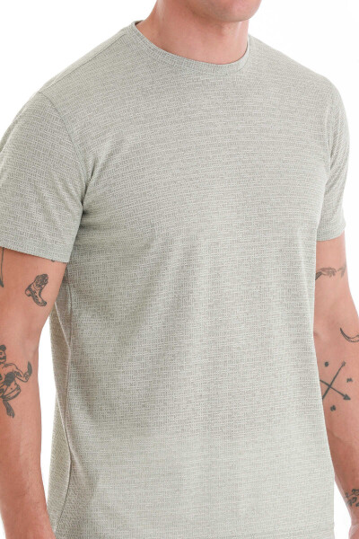 Yeşil Regular Fit Jakarlı Bisiklet Yaka Keten Tişört - 5